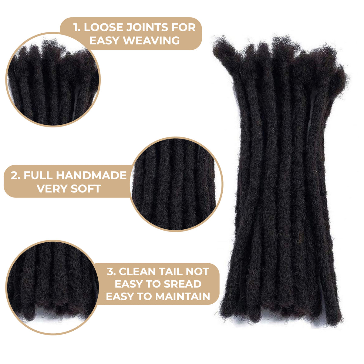 100% Human Hair Dreadlock Extensions 8 Inch 5 Strands Handmade Natural Loc Extensions Human Hair Bundle Dreads Extensions For Woman & Men Can Be Dyed/Bleached  (8 Inch 5 Strands, 0.8cm Natural Black)