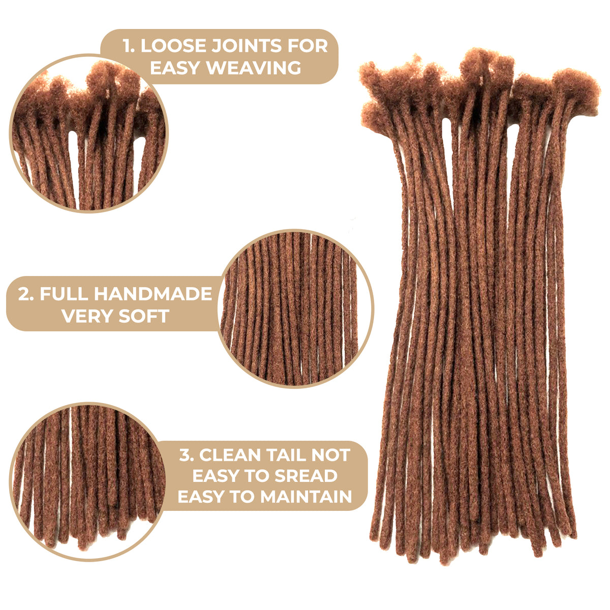 100% Human Hair Dreadlock Extensions 16Inch 10 Strands Handmade Natural Loc Extensions Human Hair Bundle Dreads Extensions For Woman & Men Can Be Dyed/Bleached (Brown/33, 16inch length 0.6 cm Width)